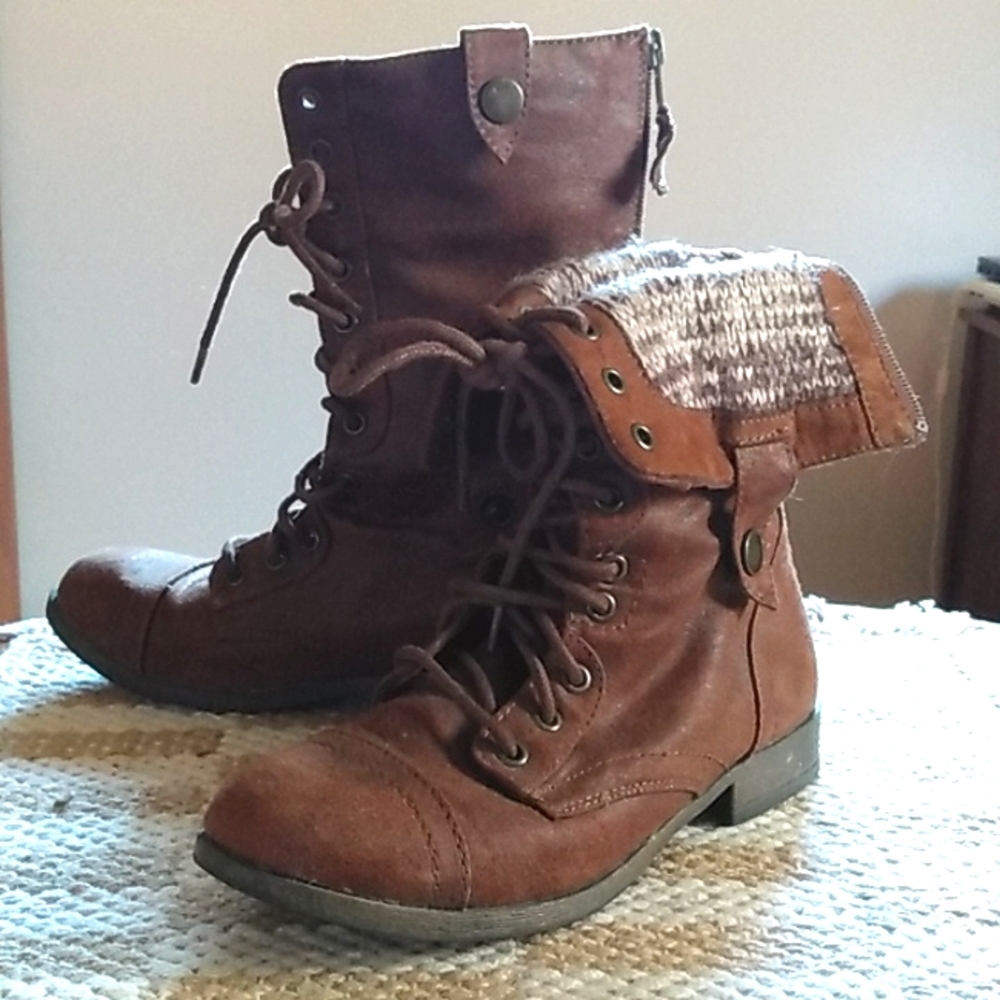 Mossimo Lace-Up Brown Sweater Boots, Button Snap Fold-down Sides